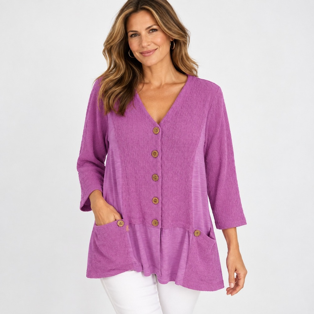 Soft Surroundings Tunic Blouse Womens L Magenta Pockets Buttons V Neck Casual